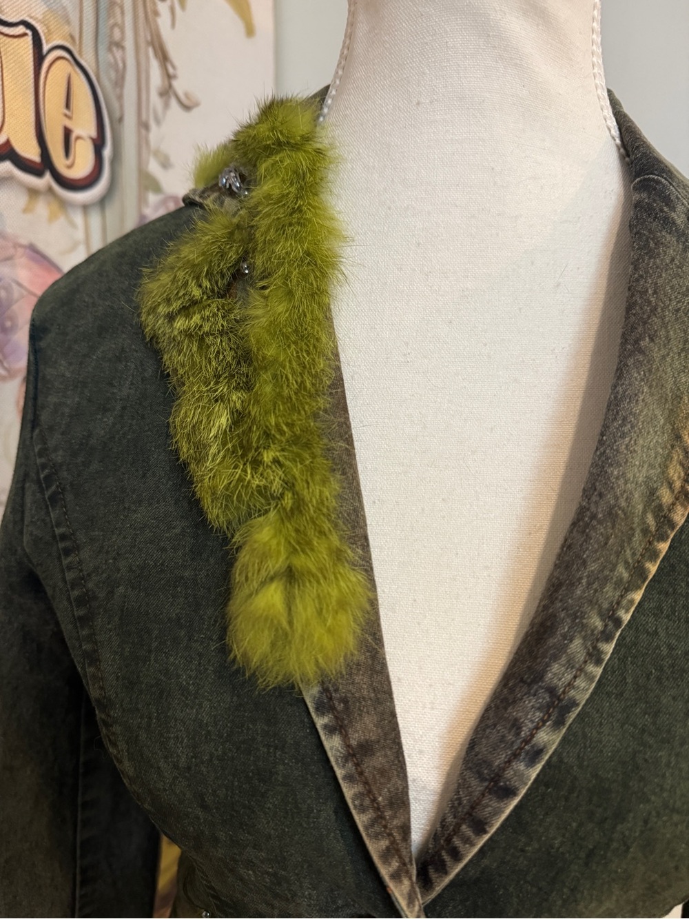 Rabbit Fur Olive Denim Jacket - Picture 2 of 7